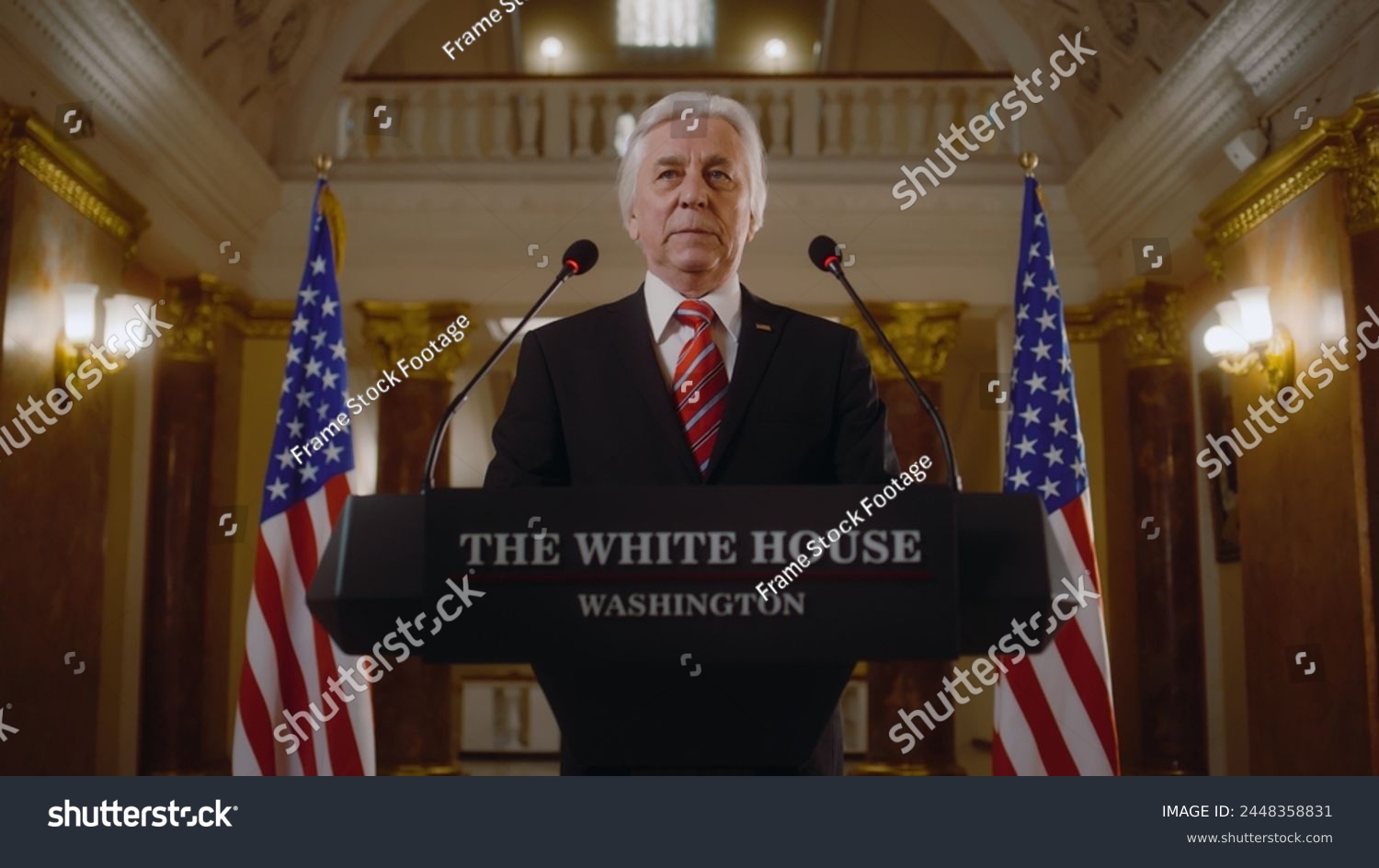 Senior republican politician answers press questions and gives interview for TV breaking news in White House. Confident political speech during press conference. Campaign speech. Political discourse. #2448358831
