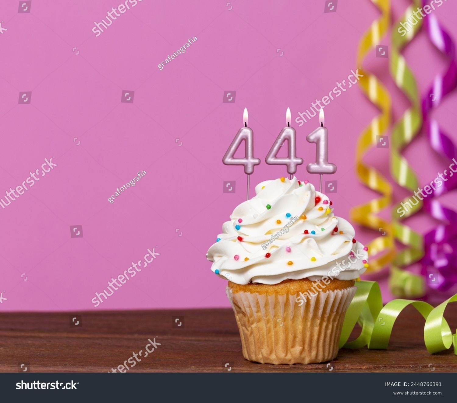 Birthday Cake With Candle Number 441 - On Pink Background. #2448766391