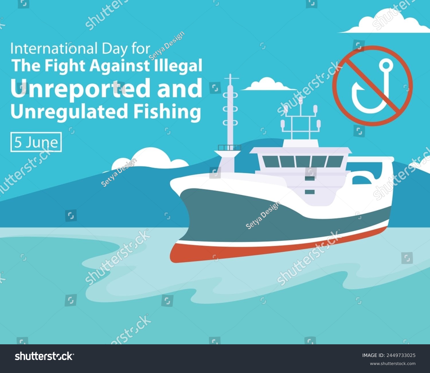 illustration vector graphic of fishing boats along the coast, perfect for international day, fight against illegal, unreported and unregulated, fishing, celebrate, greeting card, etc. #2449733025