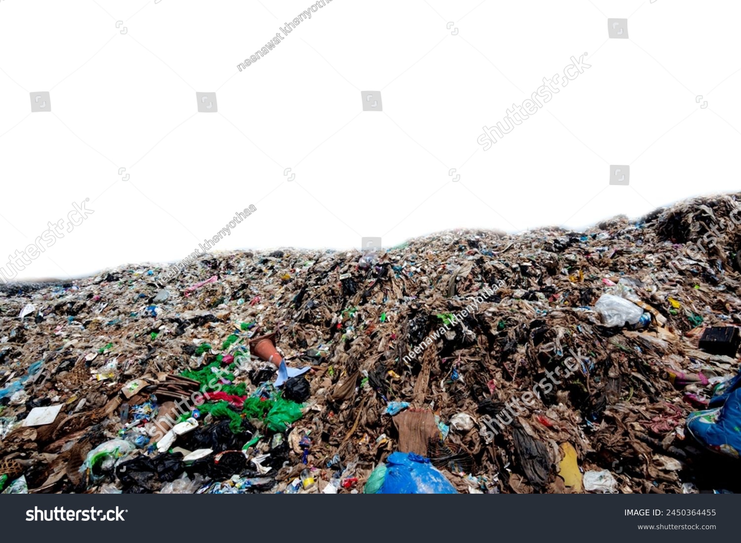 Big pile of trash on a white background Mountains of plastic waste, old rags, and scraps are thrown away on roadsides and public places. Household waste that is difficult to decompose causes pollution #2450364455