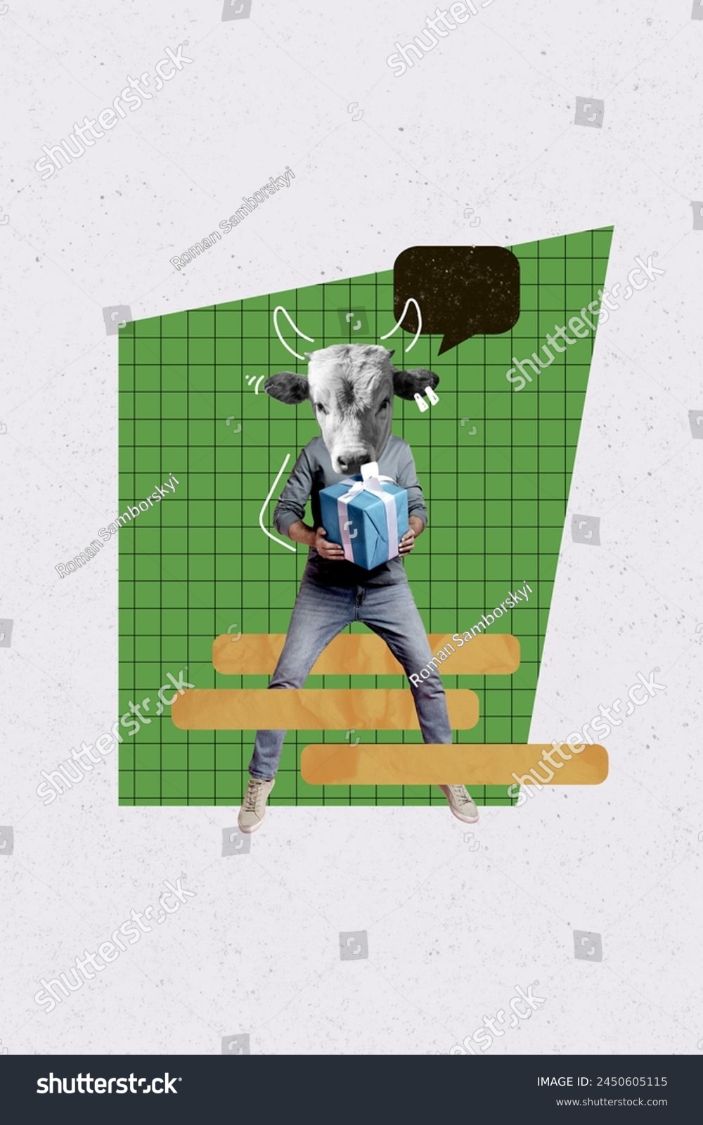 Composite trend artwork sketch photo collage of young incognito person man walk hold in hand birthday present headless cow head instead #2450605115