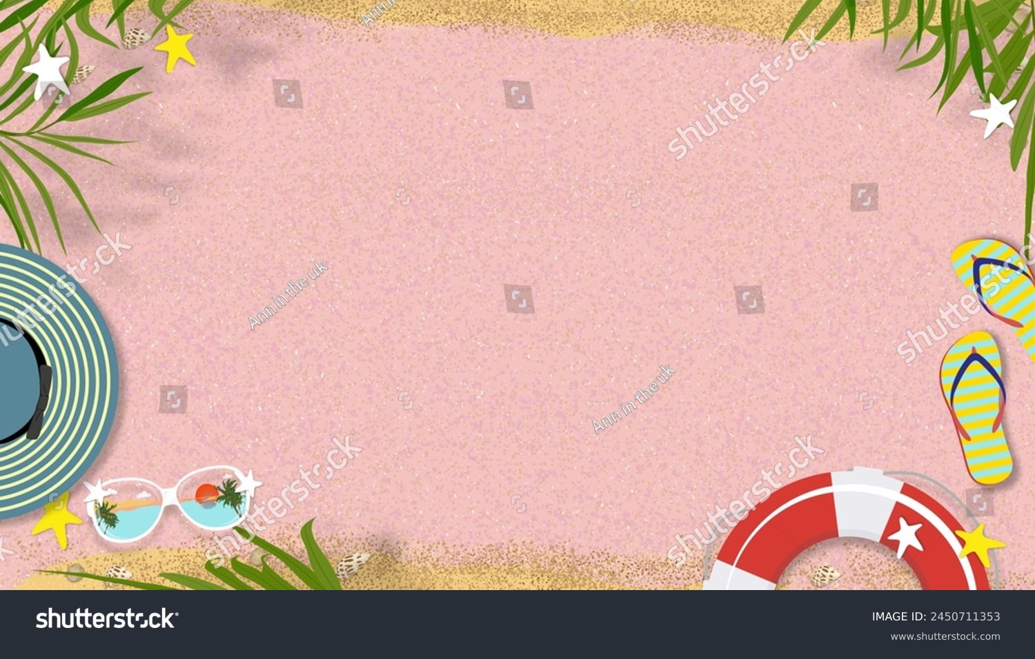 Summer background,Beach vacation holiday with coconut palm leaves border,Hat,Sunglasses,flip flops on pink sand texture,Vector banner flat lay tropical Summer design for Sale,Parties  #2450711353