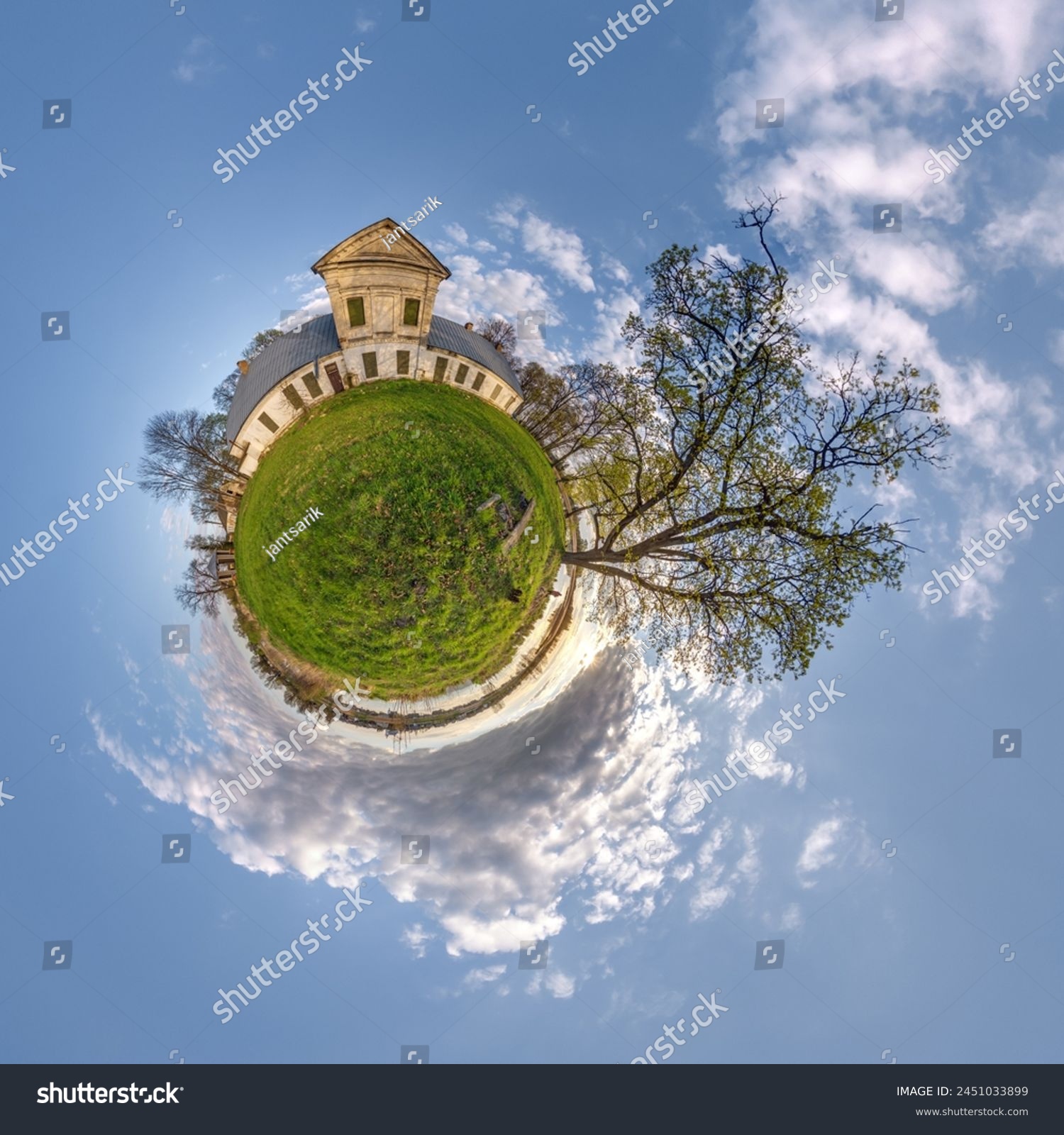 little planet and spherical aerial 360 panorama view on street ancient medieval castle with church and historic buildings with columns #2451033899