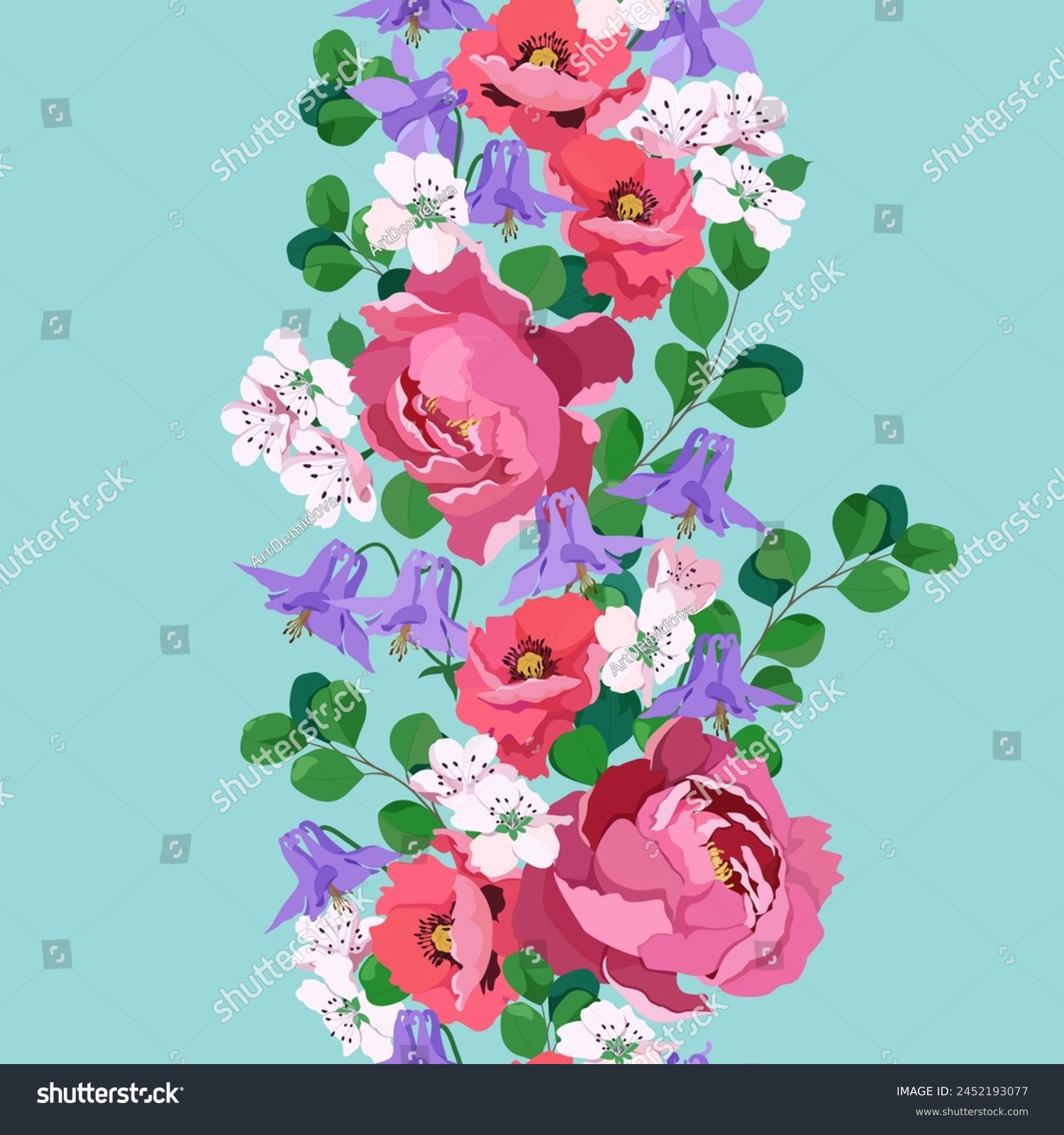 Seamless background with poppy, aquilegia, cherry flowers and peony on turquoise background. For decoration textile, packaging, wallpaper. Vector illustration. Vertical. #2452193077