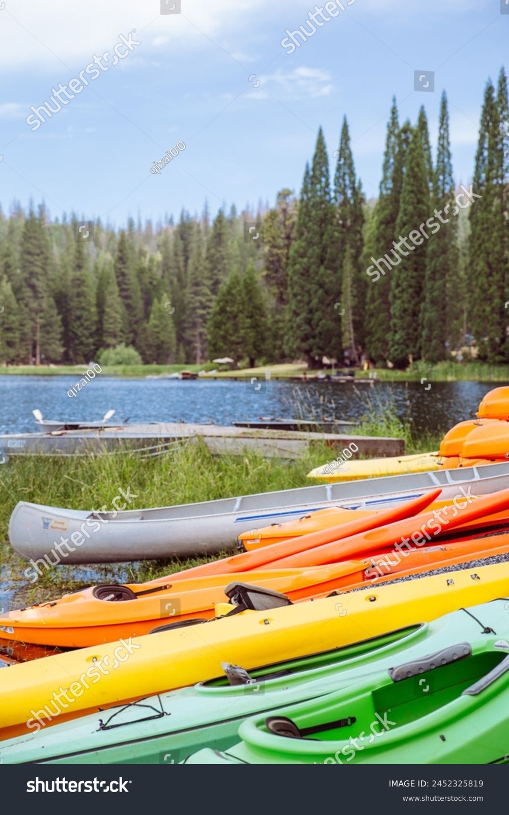colorful kayak and pine tree forest and lake in California #2452325819