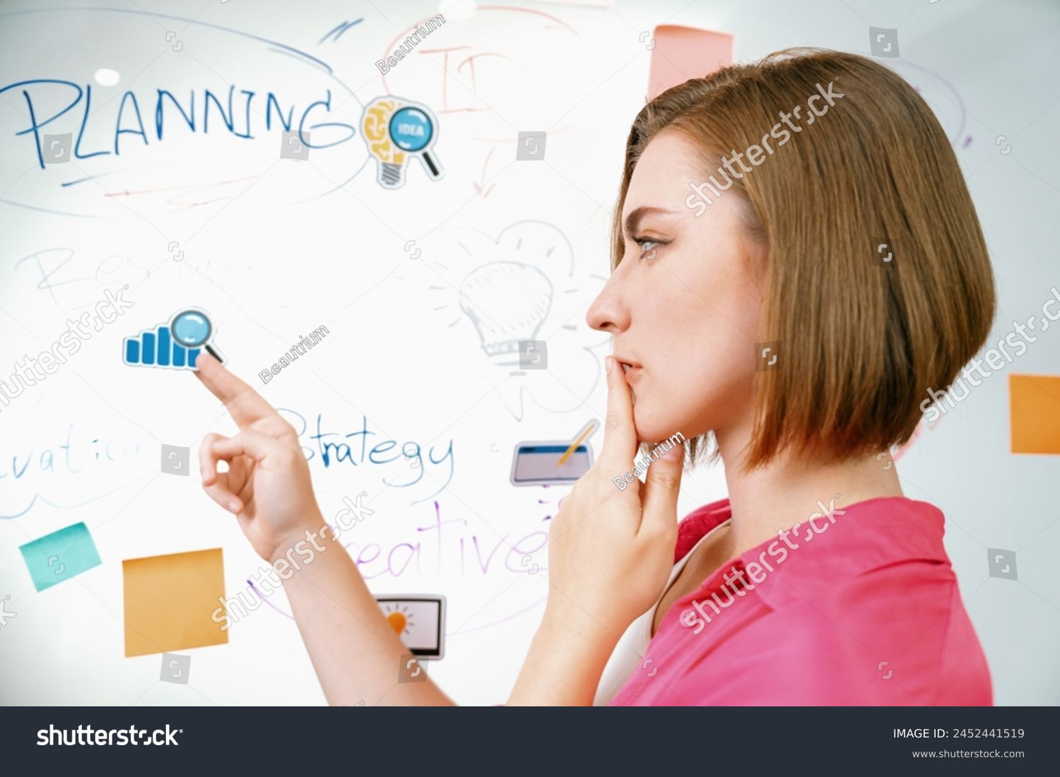 Portrait of young beautiful caucasian businesswoman thinking creative marketing strategy idea in front of whiteboard with mind map and colorful sticky notes. Arm chin. Closeup. Immaculate. #2452441519