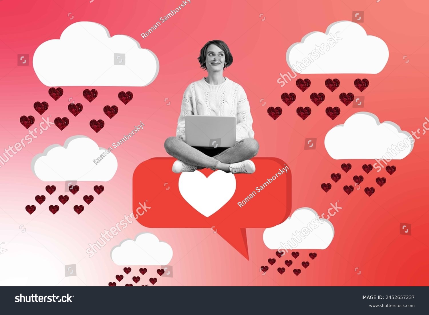 Sketch image composite trend artwork 3D photo collage of young hardworking lady sit on huge heart banner notification cloud like rain #2452657237