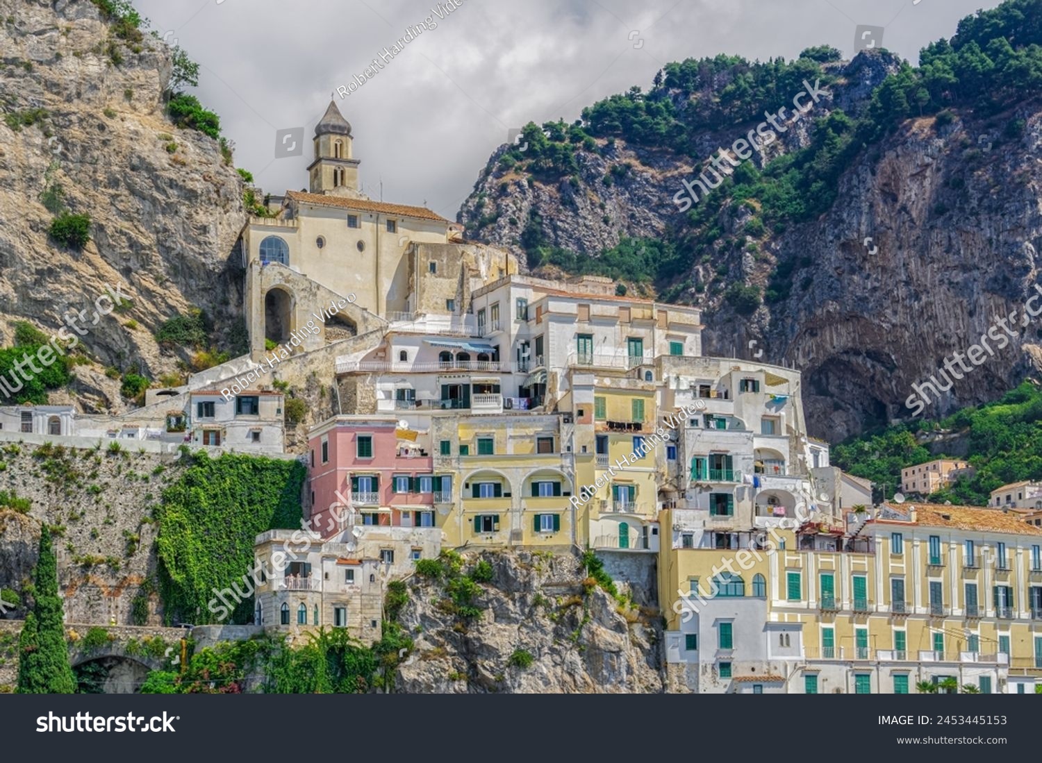 View of low-rise traditional buildings and cliffs along the coastline in Costiera Amalfitana (Amalfi Coast), UNESCO World Heritage Site, Campania, Italy, Europe #2453445153
