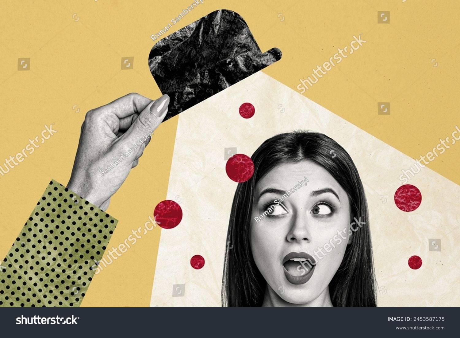 Creative collage picture young amazed woman headwear cylinder hat show trick magician curious look drawing background #2453587175