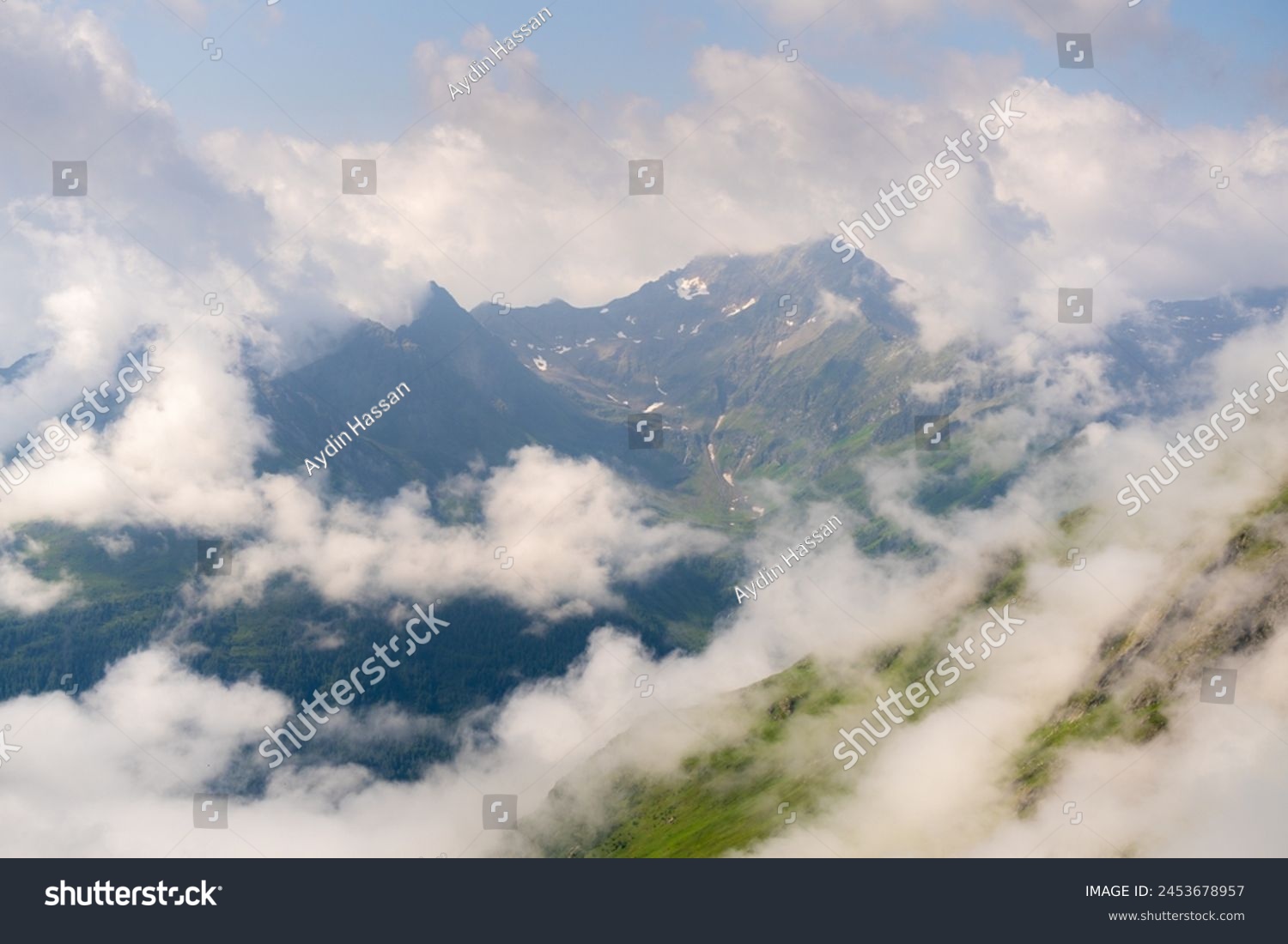 Early morning mountain views at Eisseehütte with fluttering clouds and pastel greens and blues, Hohe Tauern National Park, Osttirol, Austria #2453678957