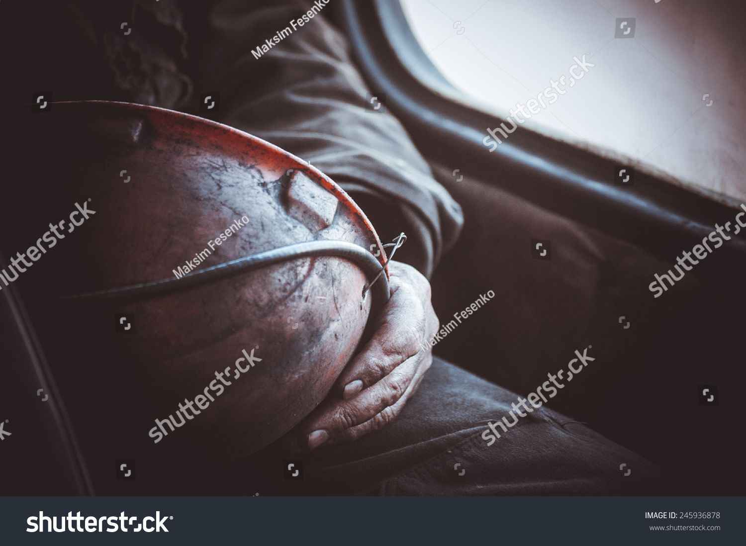 durty hands of miner worker hold helmet no face  #245936878