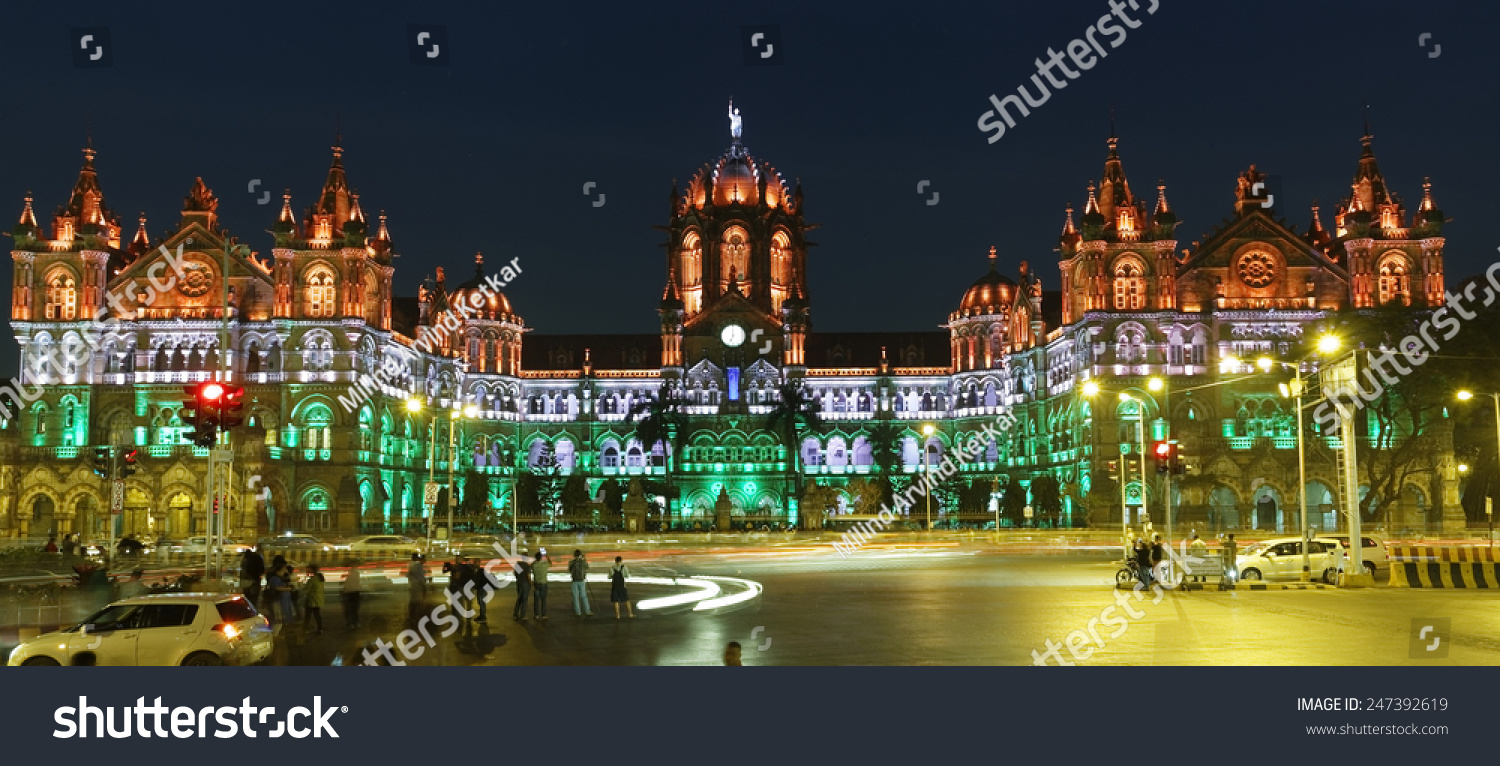 Chhatrapati Shivaji Terminus (CST) formerly Victoria Terminus in Mumbai, India is a UNESCO World Heritage Site with colourful lighting of Indian flag on Republic Day, the HQ of the Central Railway. #247392619
