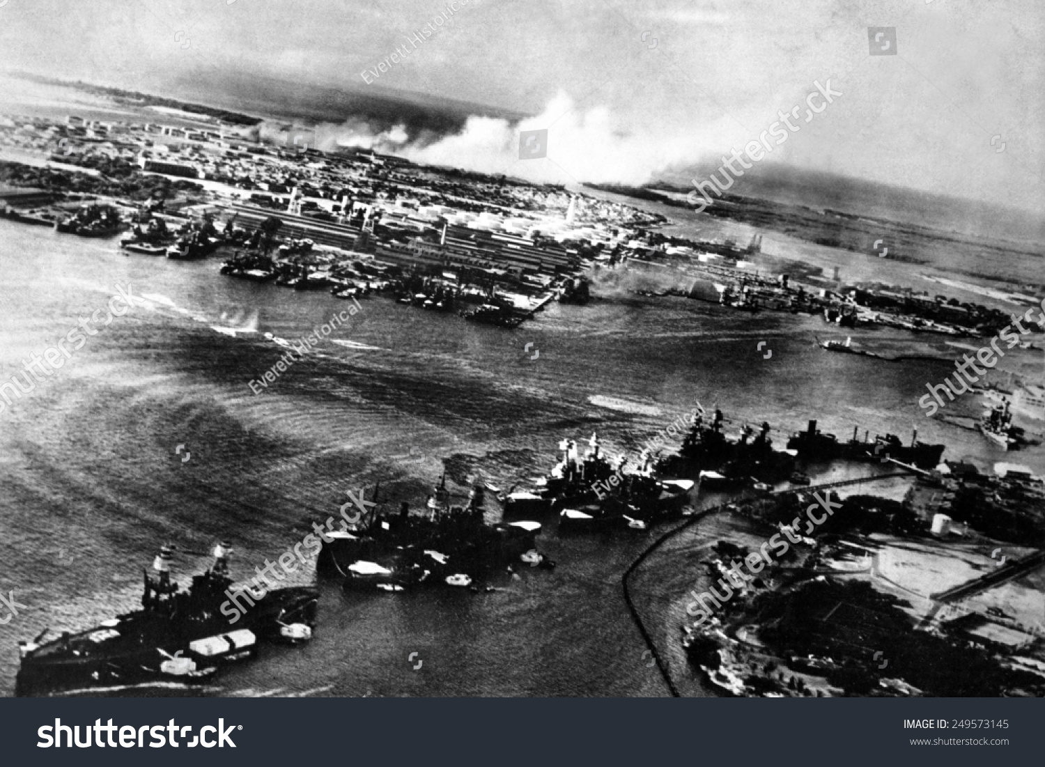 Japanese photograph taken during the attack on Pearl Harbor, Dec. 7, 1941. In the distance, the smoke rises from Hickam Field. #249573145
