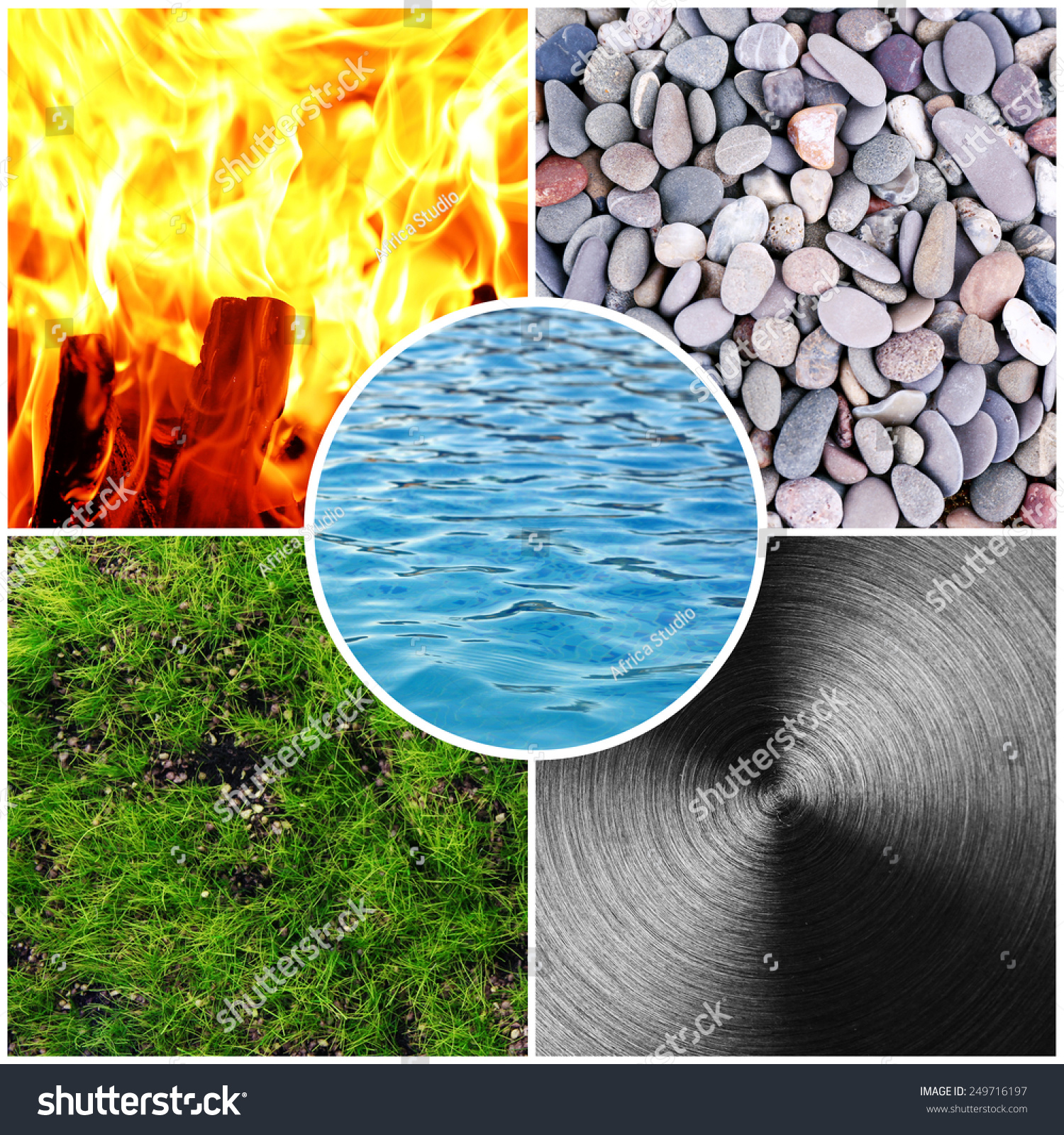 Collage of Feng Shui destructive cycle with five elements (water, wood, fire, earth, metal) #249716197
