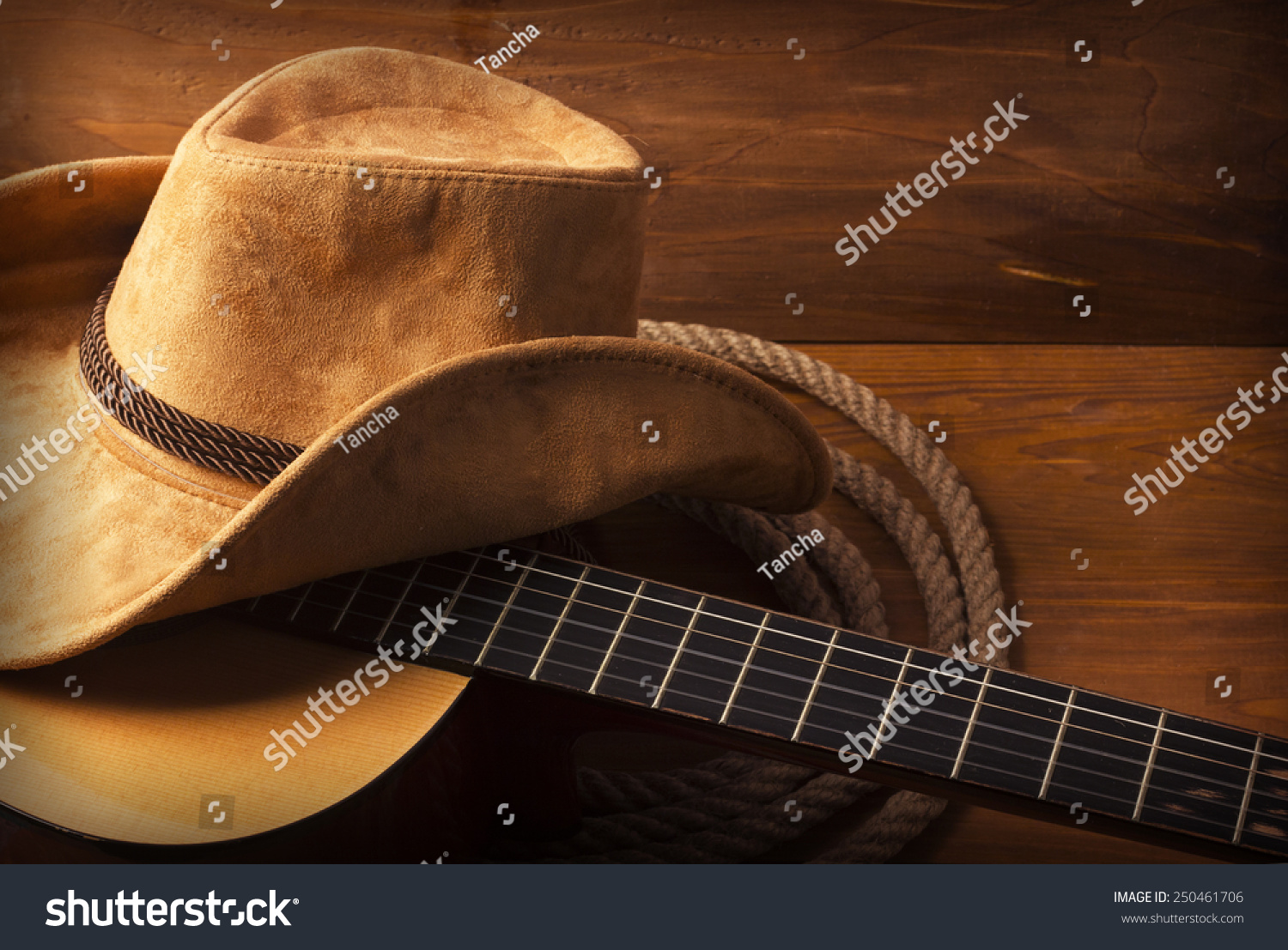 American Country music background with guitar and cowboy hat #250461706