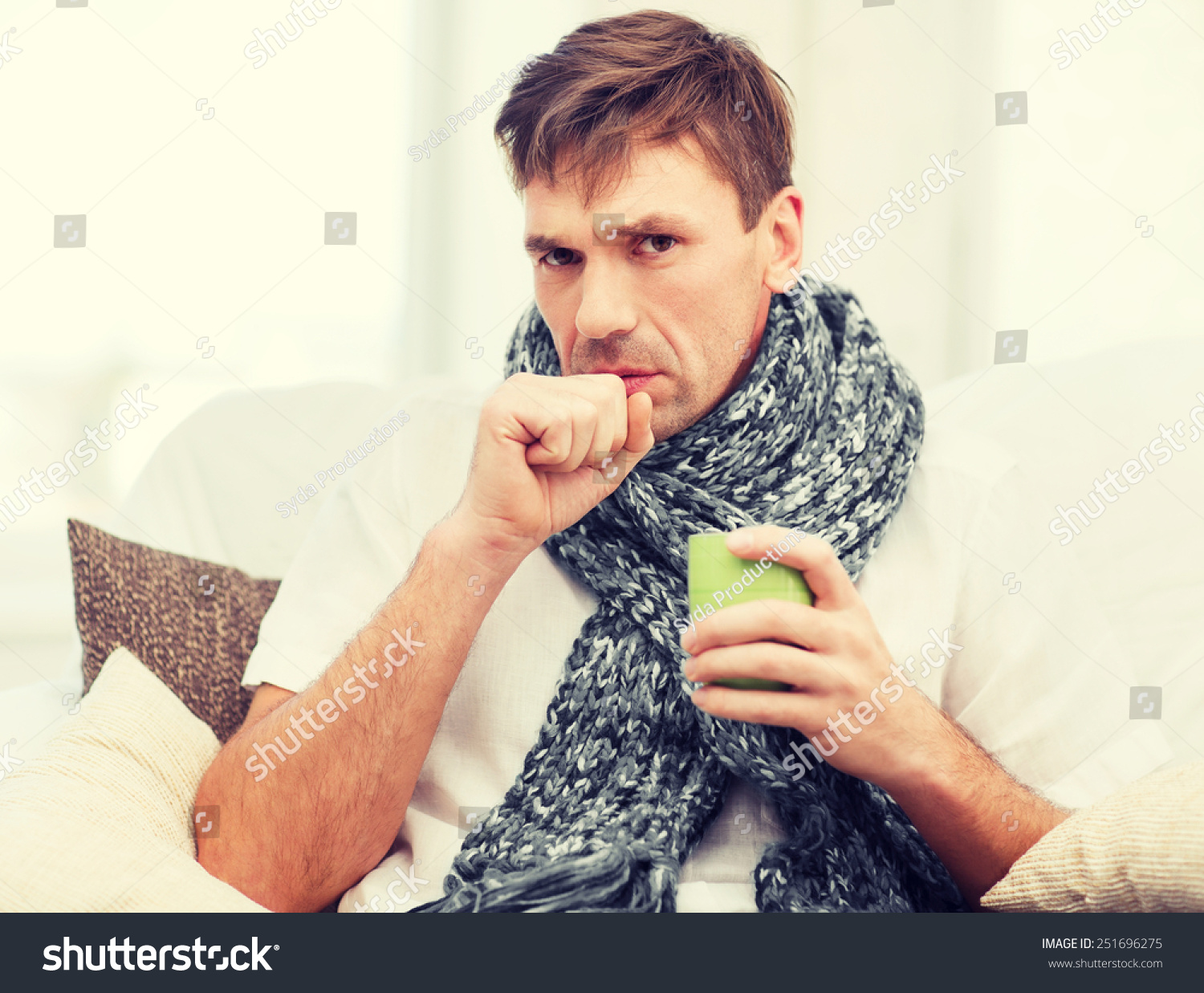 healthcare and medicine concept - ill man with flu at home #251696275