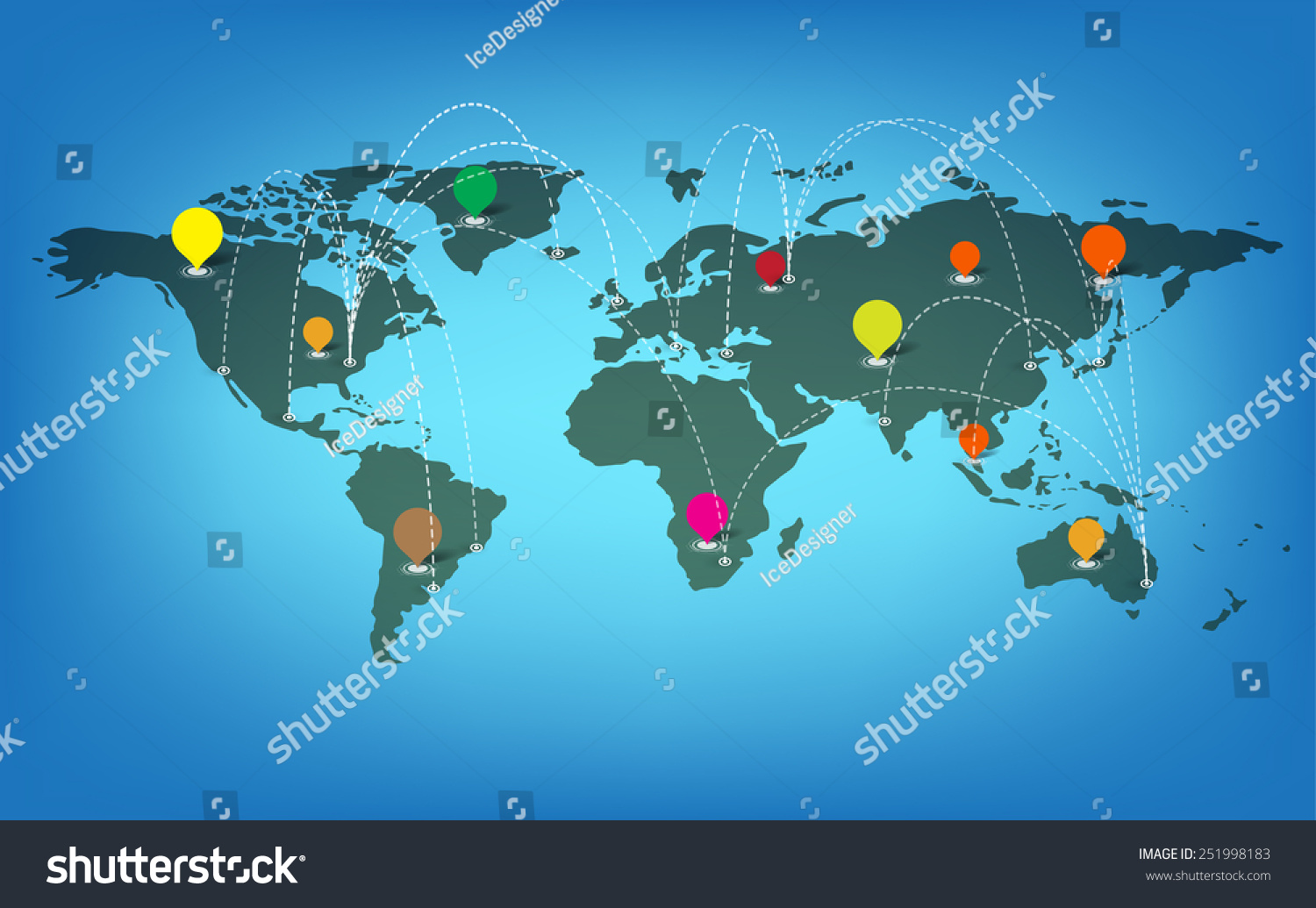 World Map With Icons And Blue Background Vector - Royalty Free Stock ...