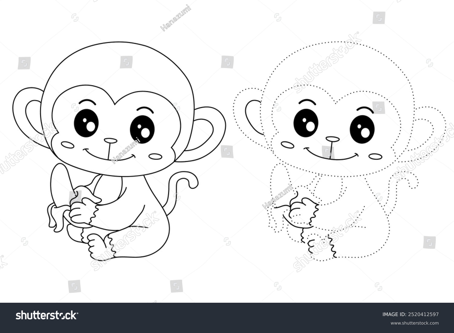 Cute monkey eats banana coloring pages for kids. - Royalty Free Stock ...
