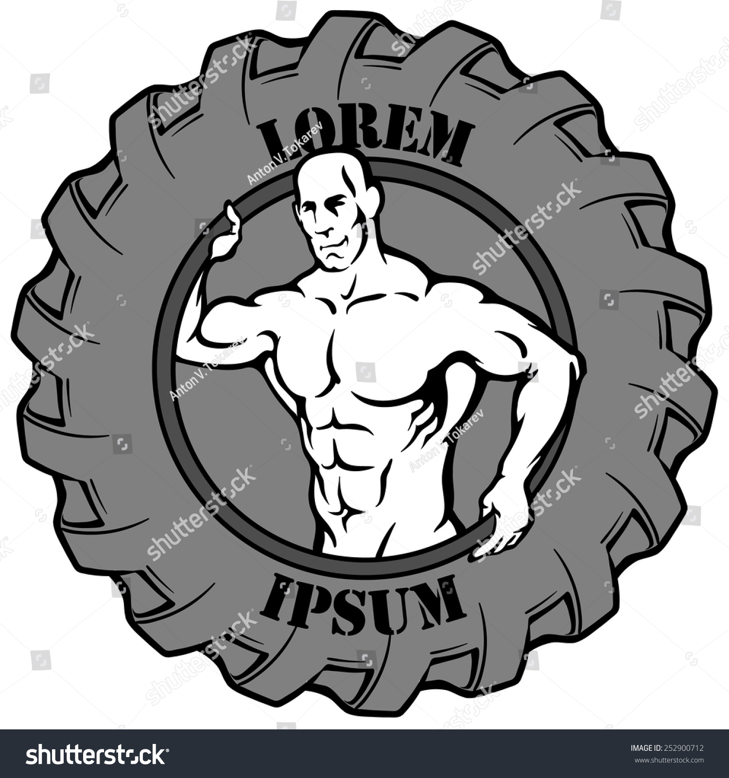 Logotype template. Muscular man's silhouette reaching out from a tire which is used for exercises in some fitness styles. EPS8 vector illustration isolated on white background. #252900712