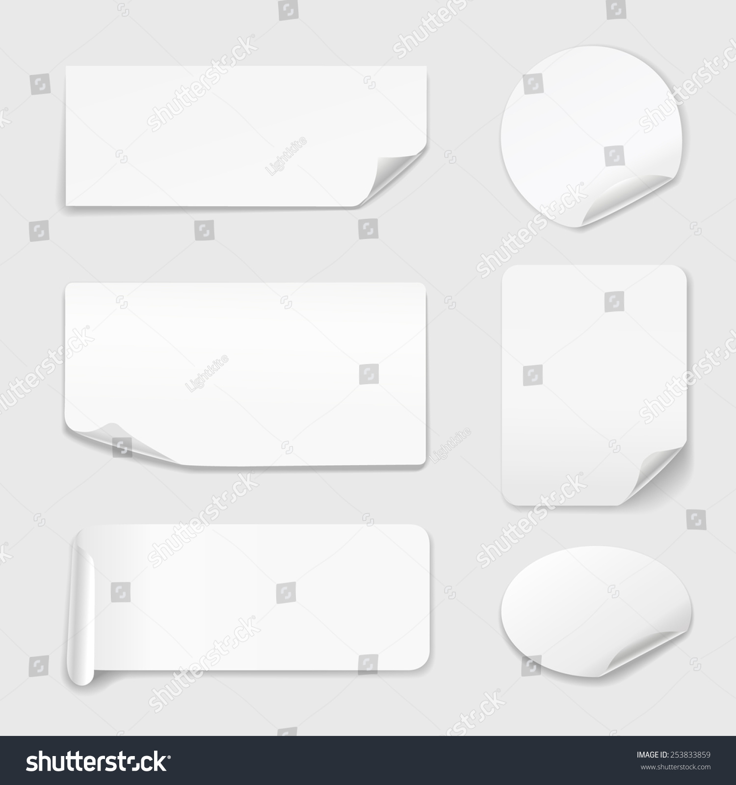 White Stickers - Set of white paper stickers isolated on white background.  Round, rectangular. Vector illustration #253833859
