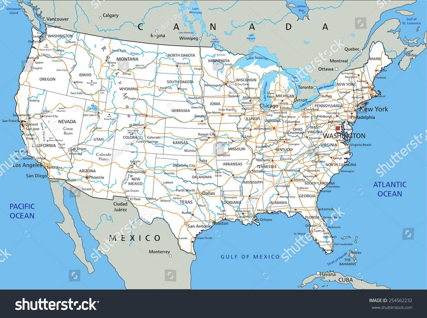 High detailed United States of America road map with labeling. #254562232