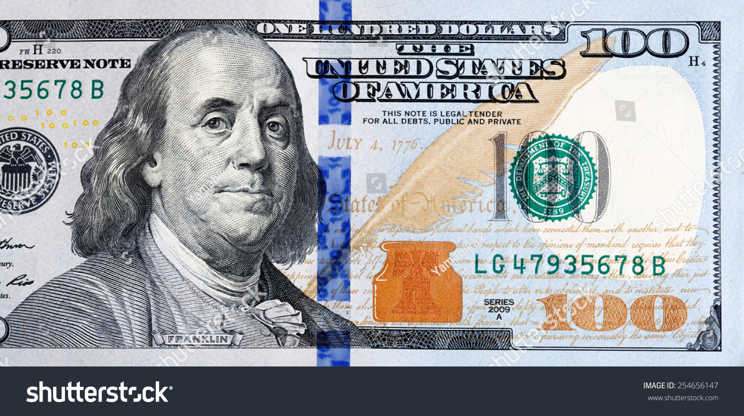Macro shot of a new 100 dollar bill. #254656147