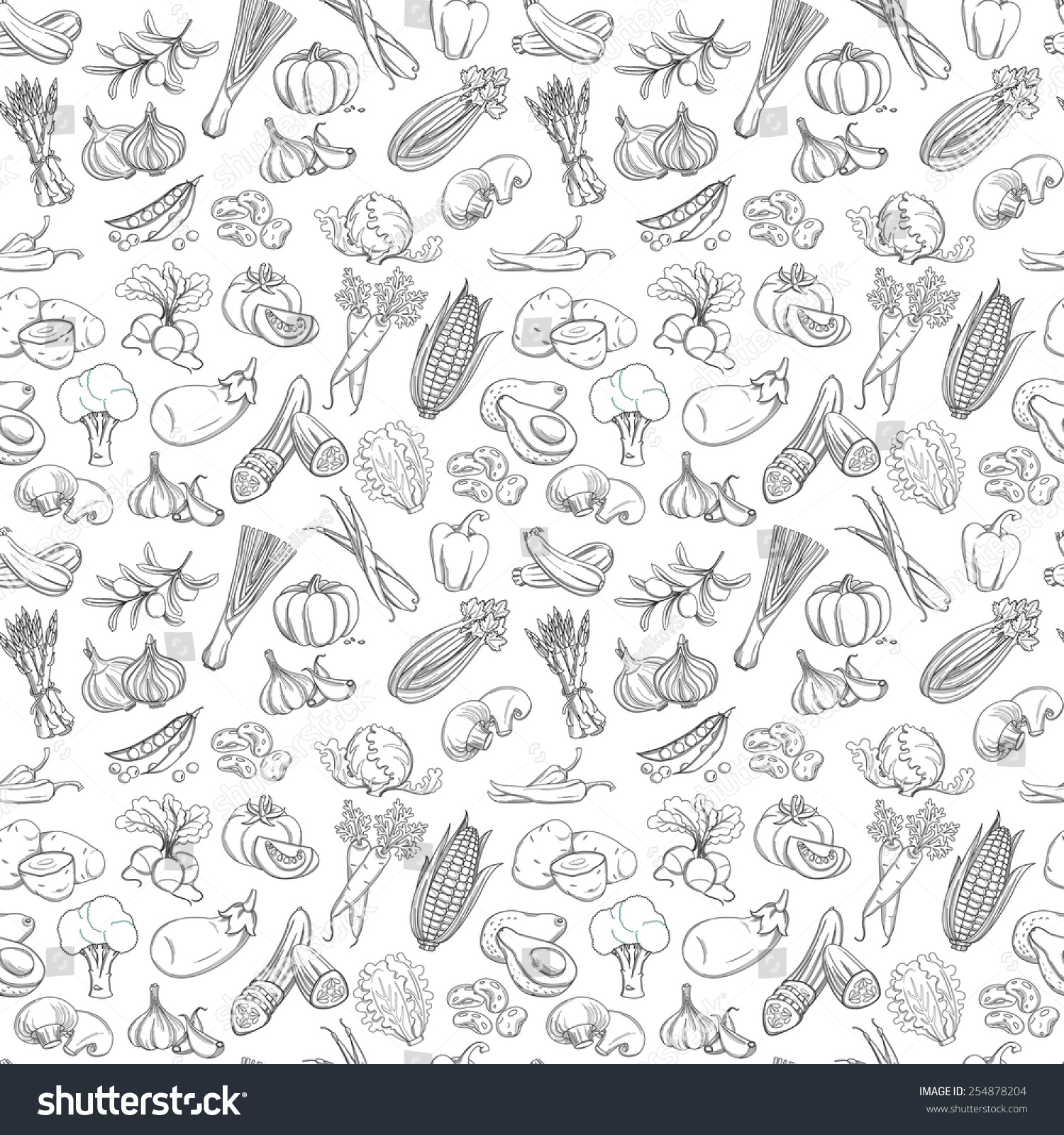 Vector illustration Outline hand drawn seamless  vegetable pattern (flat style, thin  line). Black and white #254878204