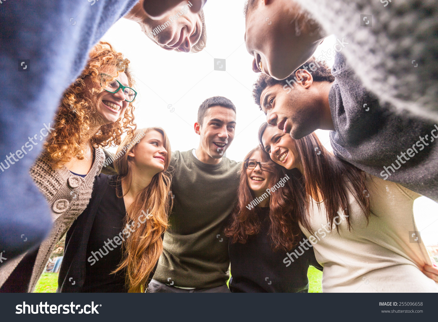 Multiracial group of friends embraced in a circle, strong concept about teamwork and cooperation, also refers to immigration and friendship. #255096658