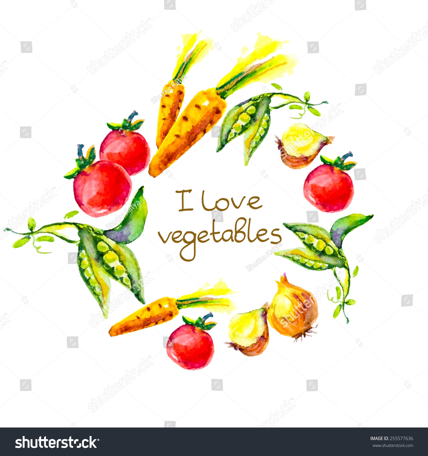 watercolor vegetables Ã¢Â?Â? I love vegetables, circle frame #255577636