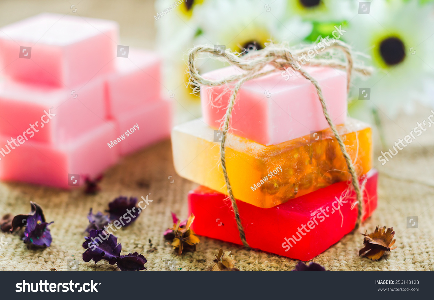 Spa setting with natural soaps and  flower. for aromatherapy. #256148128