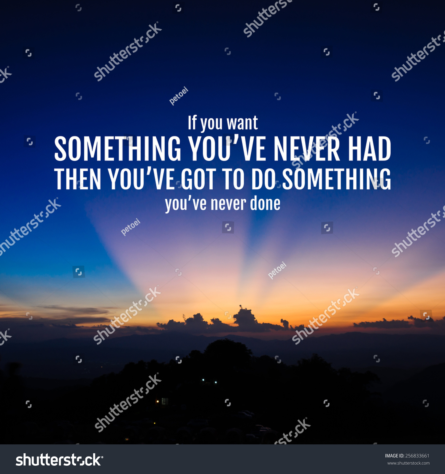 Inspirational quote by unknown source on vintage blue sky and light cloud mountain background #256833661