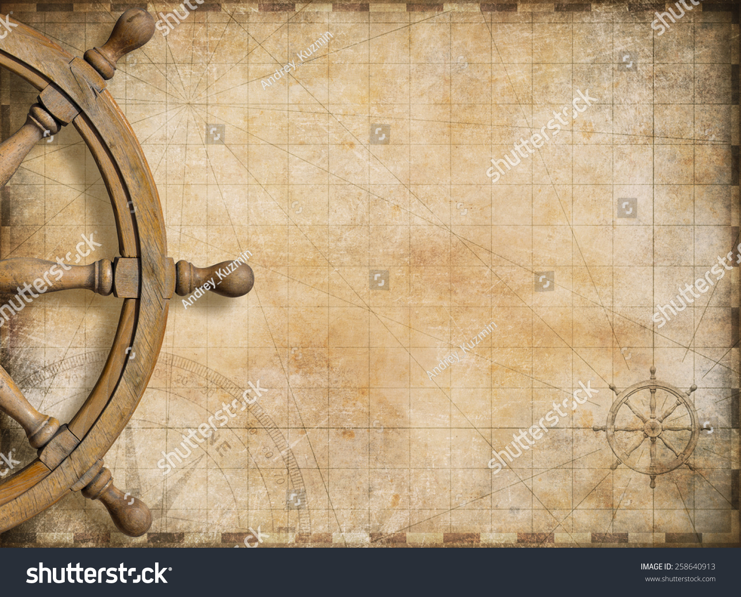 steering wheel and blank vintage nautical map background #258640913