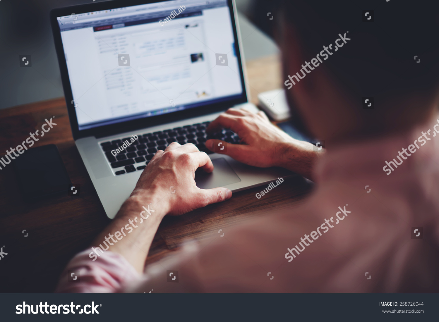 Cropped image of a young man working on his laptop in a coffee shop, rear view of business man hands busy using laptop at office desk, young male student typing on computer sitting at wooden table #258726044