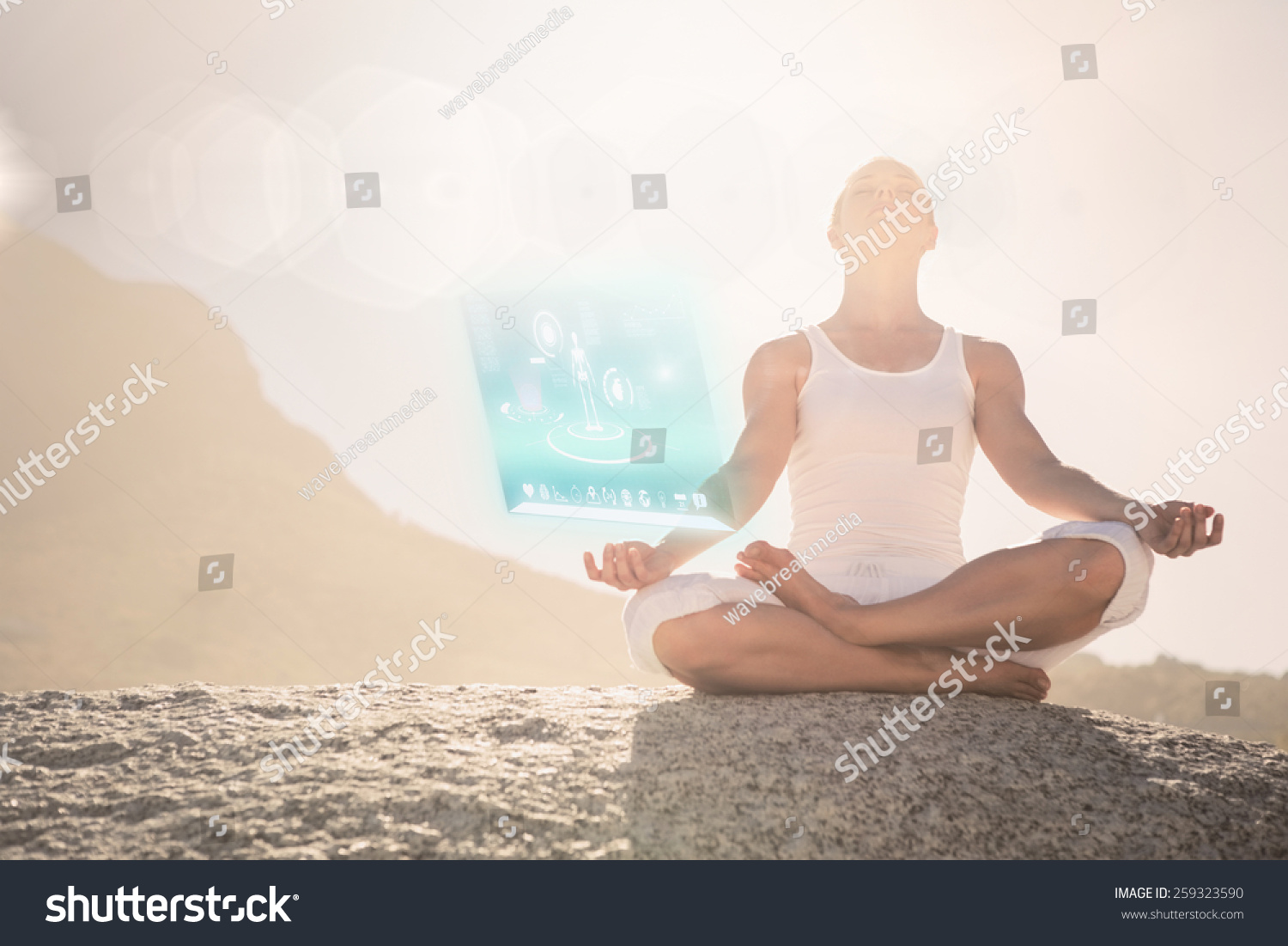Blonde woman sitting in lotus pose on beach against fitness interface #259323590