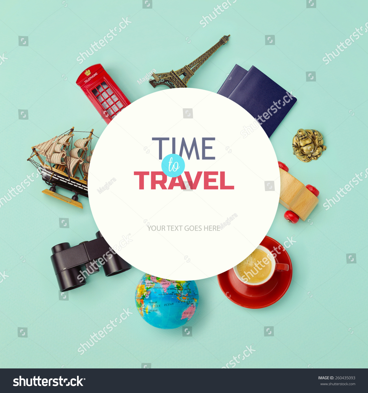 Summer vacation background mock up design. Objects related to travel and tourism around blank paper. View from above #260435093