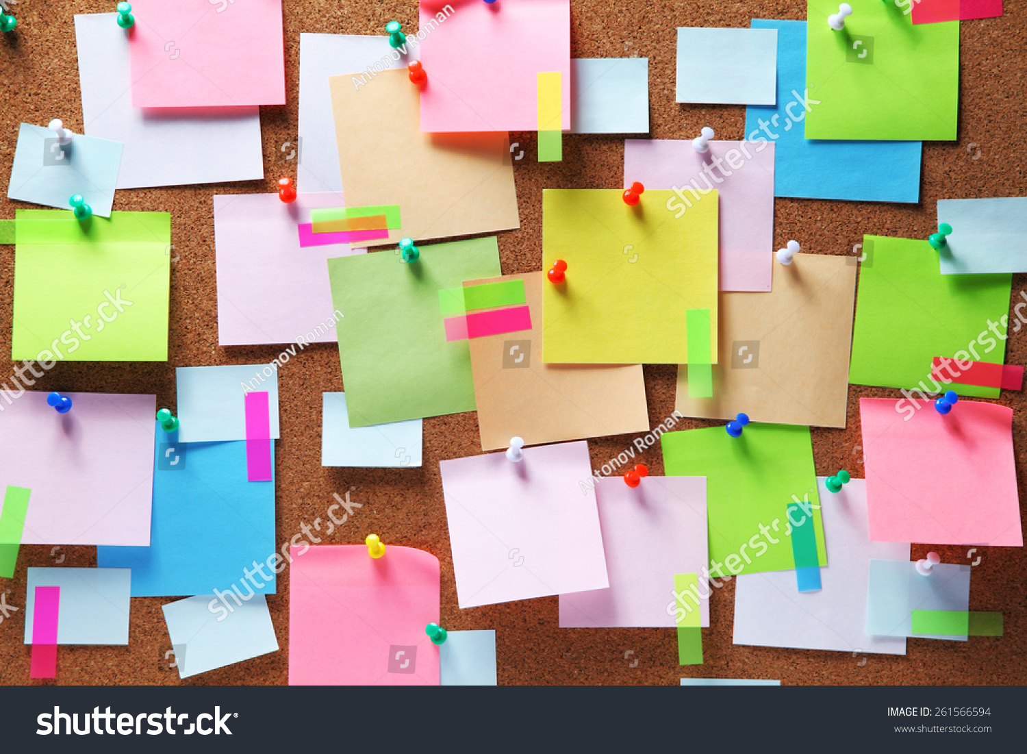 Image of colorful sticky notes on cork bulletin board #261566594