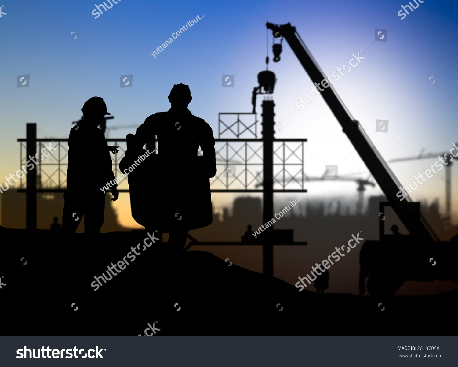 silhouette man engineer looking construction worker in a building site over Blurred construction site #261870881