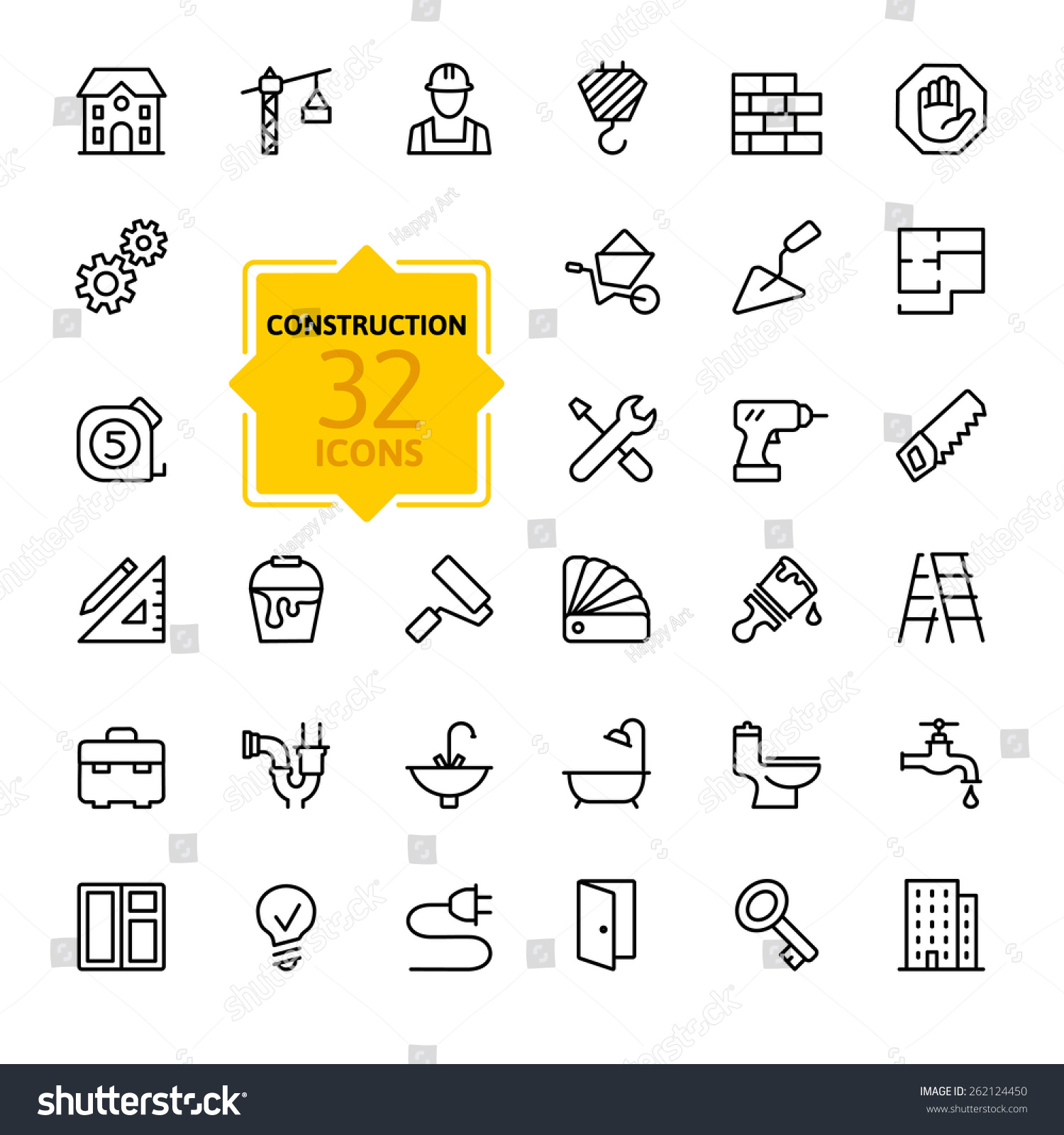 Outline web icons set - building, construction and home repair tools 
