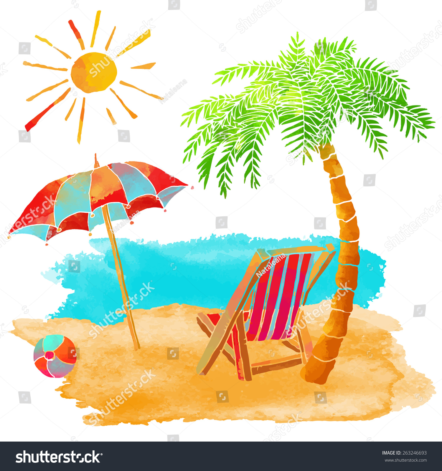 Watercolor Summer Beach Set Sea Palm Tree Sun Royalty Free Stock Vector 263246693 Avopix Com