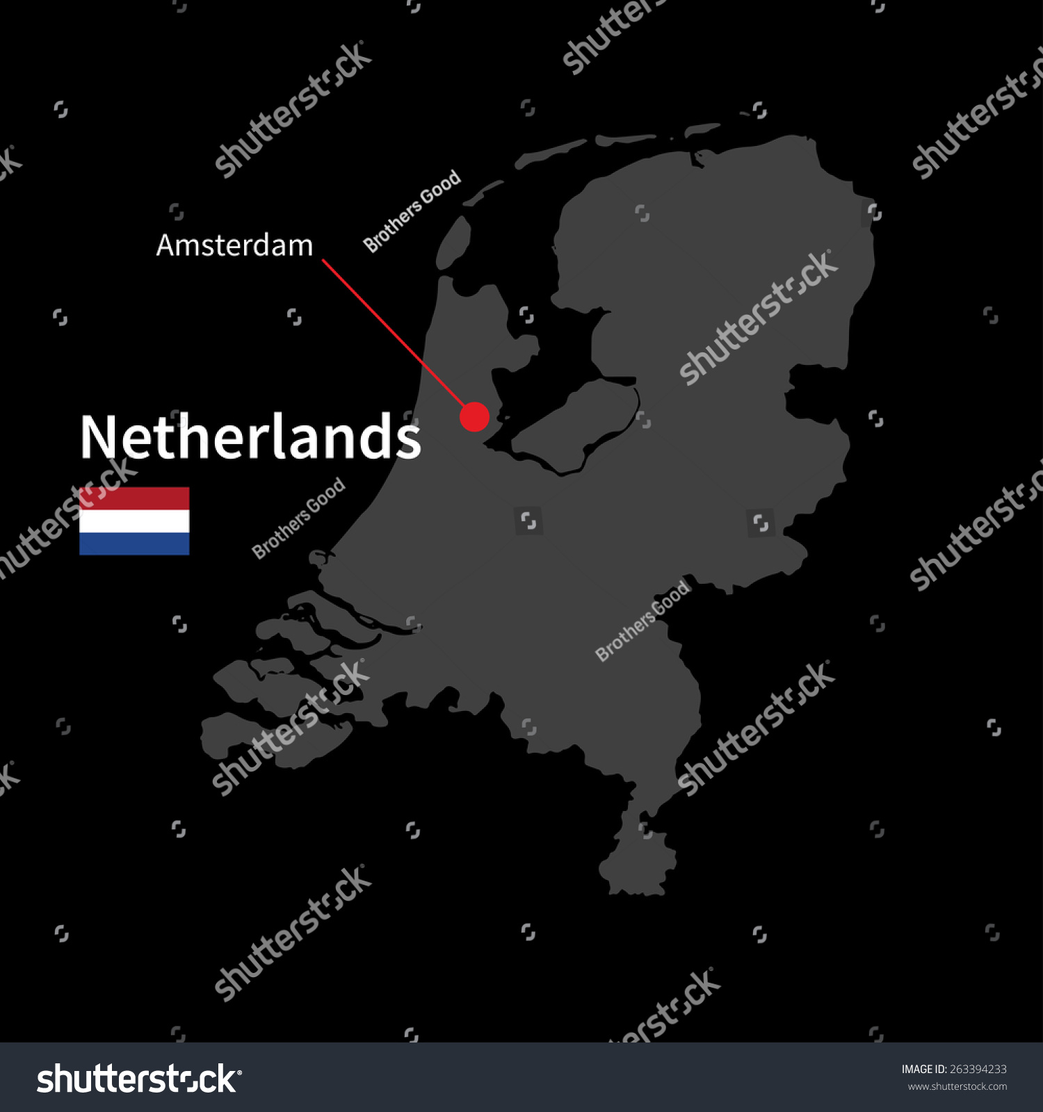 Detailed map of Netherlands and capital city Amsterdam with flag on black background #263394233