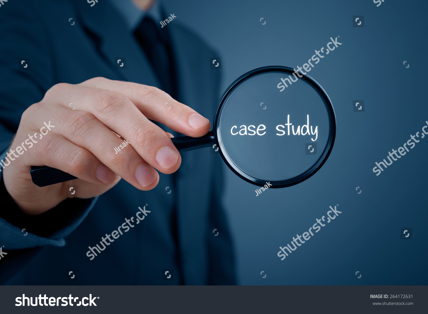 Businessman focused on case study. Businessman enlarge handwritten text case study.  #264172631