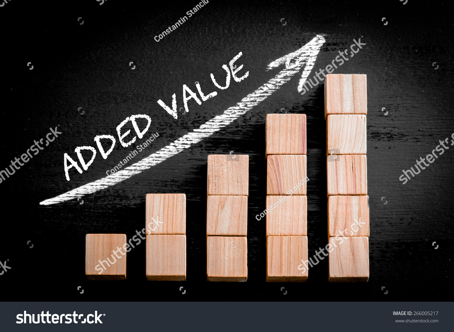 Words Added Value on ascending arrow above bar graph of Wooden small cubes isolated on black background. Chalk drawing on blackboard. Business Concept image. #266005217