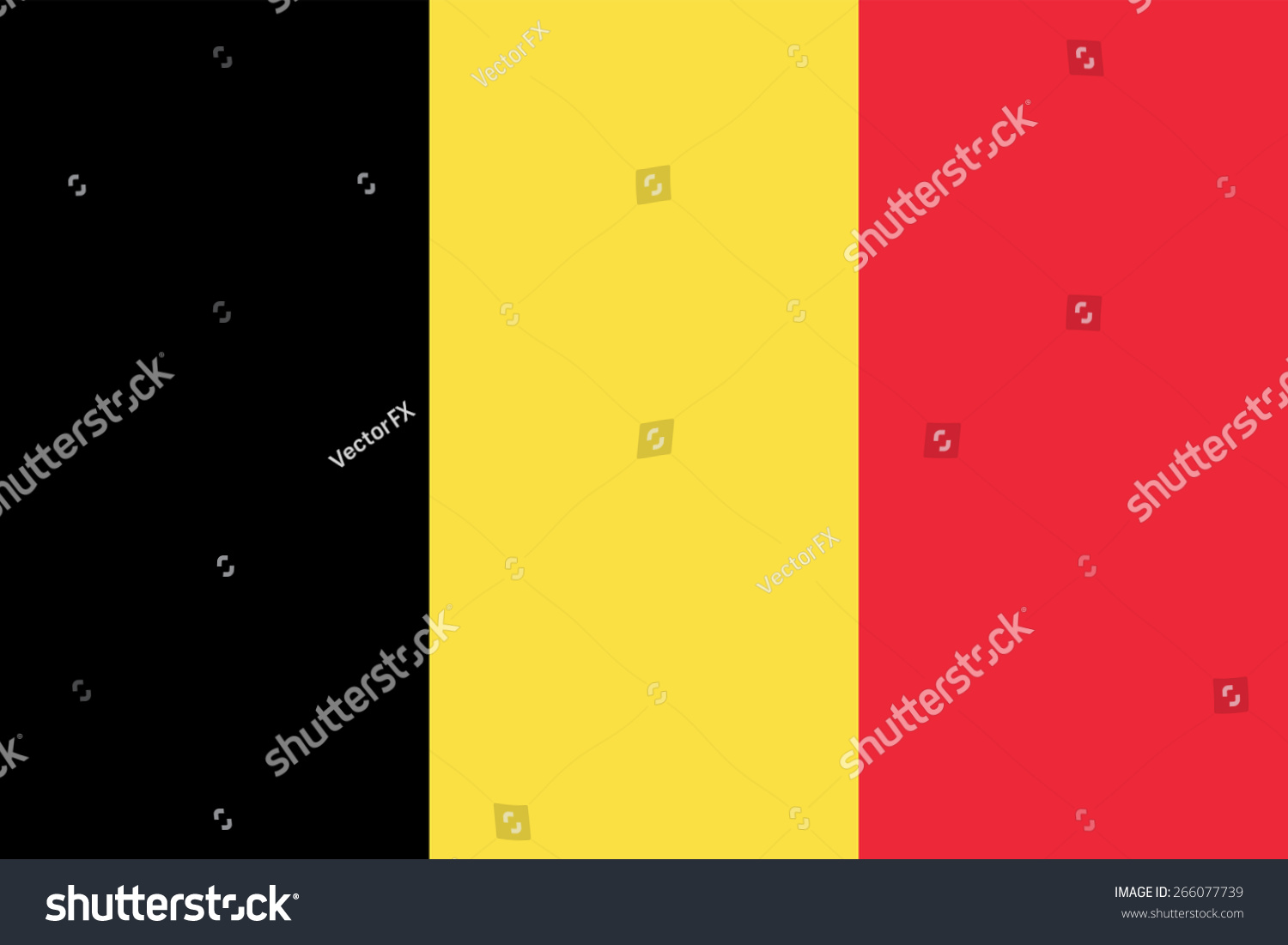 Belgian flag. State government symbol of the country. True proportions and colors. Consists of three vertical stripes - black, yellow and red. Can be used to refer Belgium in design and maps. #266077739