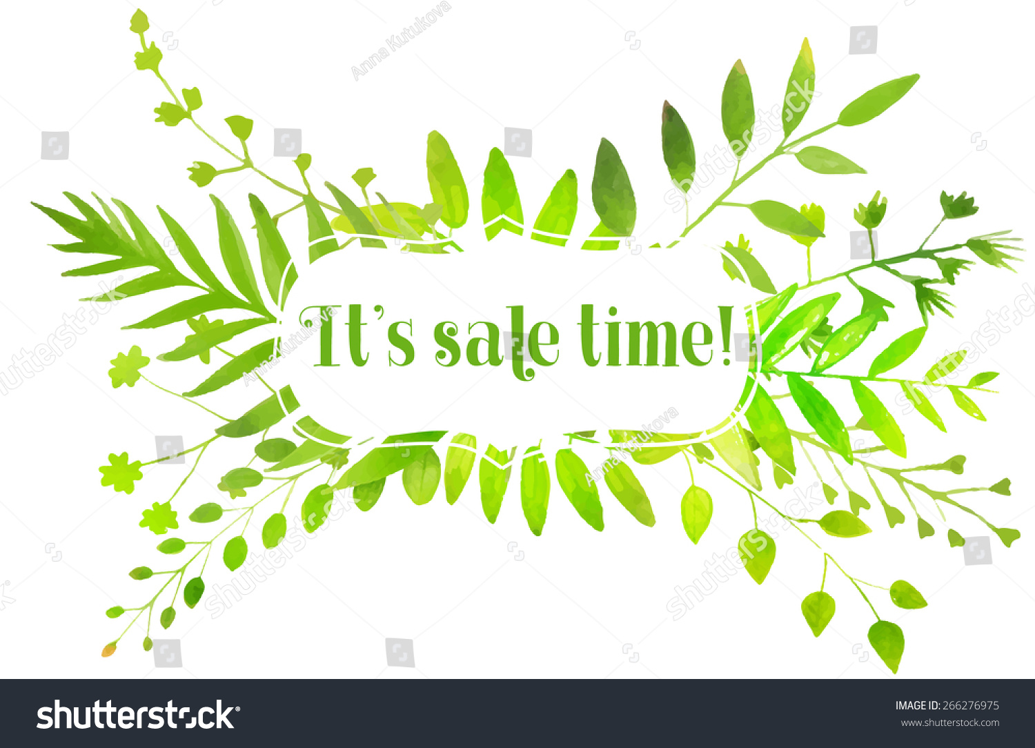 Spring frame with watercolor bright green leaves and text it's sale time. Vector nature illustration. #266276975