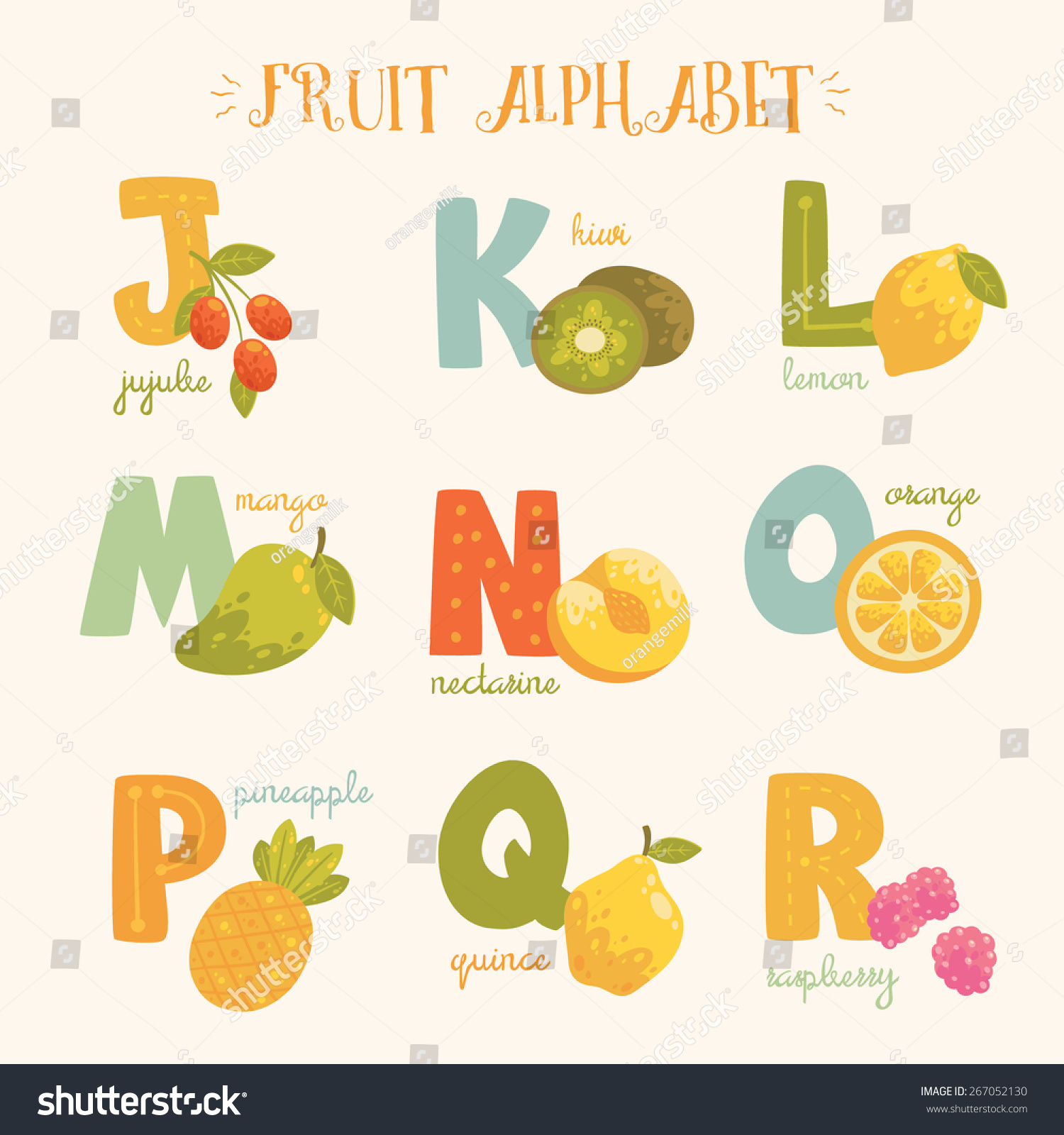Vector Colorful Fruit Alphabet J K L M N O Royalty Free Stock Vector Avopix Com