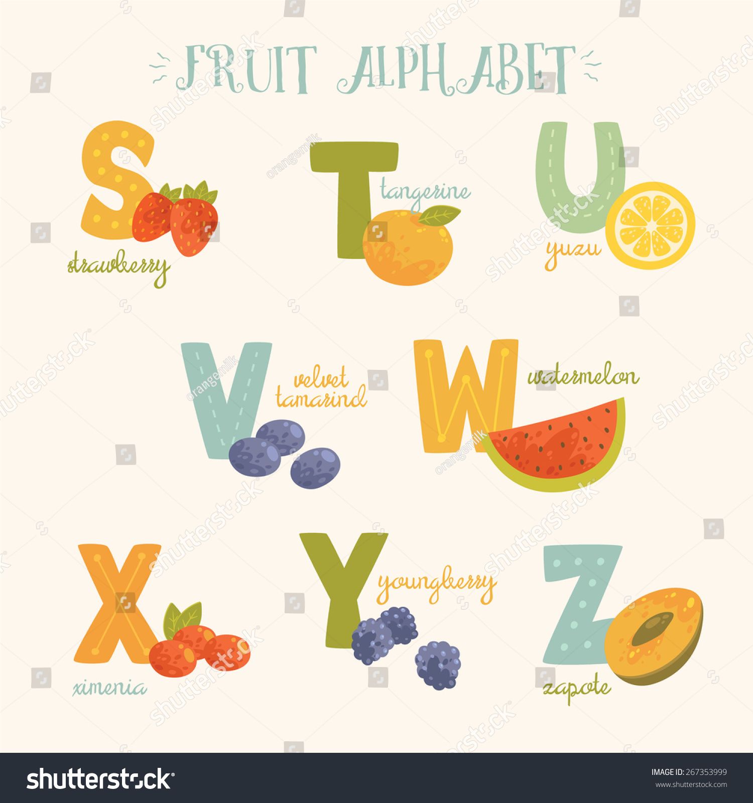 Vector Colorful Fruit Alphabet S T U V W X Royalty Free Stock Vector Avopix Com