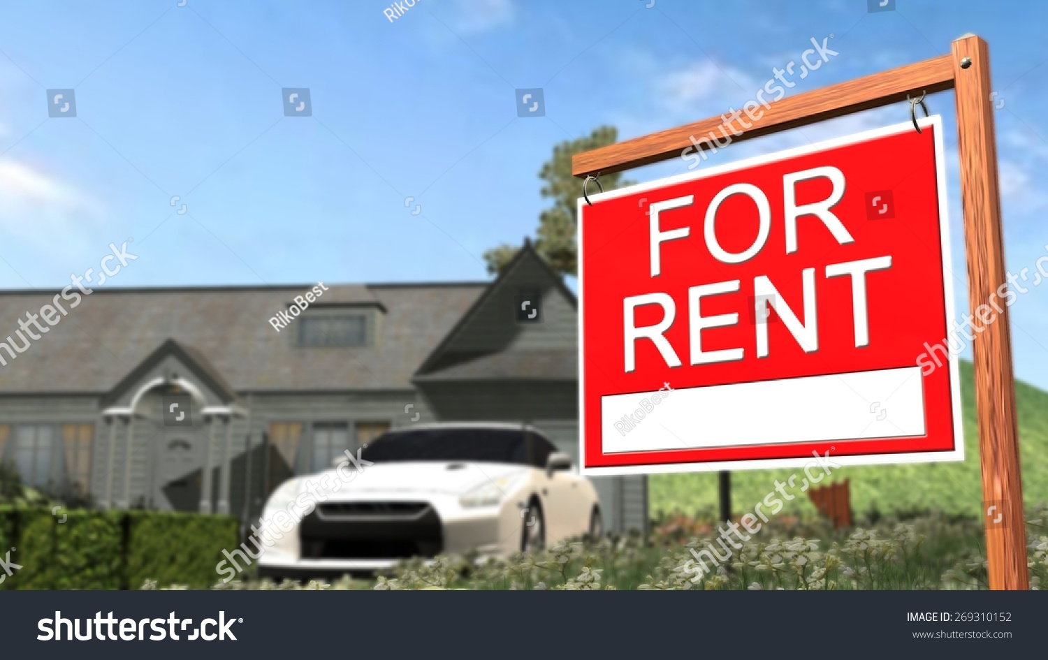 Home For Rent Real Estate Sign in Front of Beautiful New House #269310152