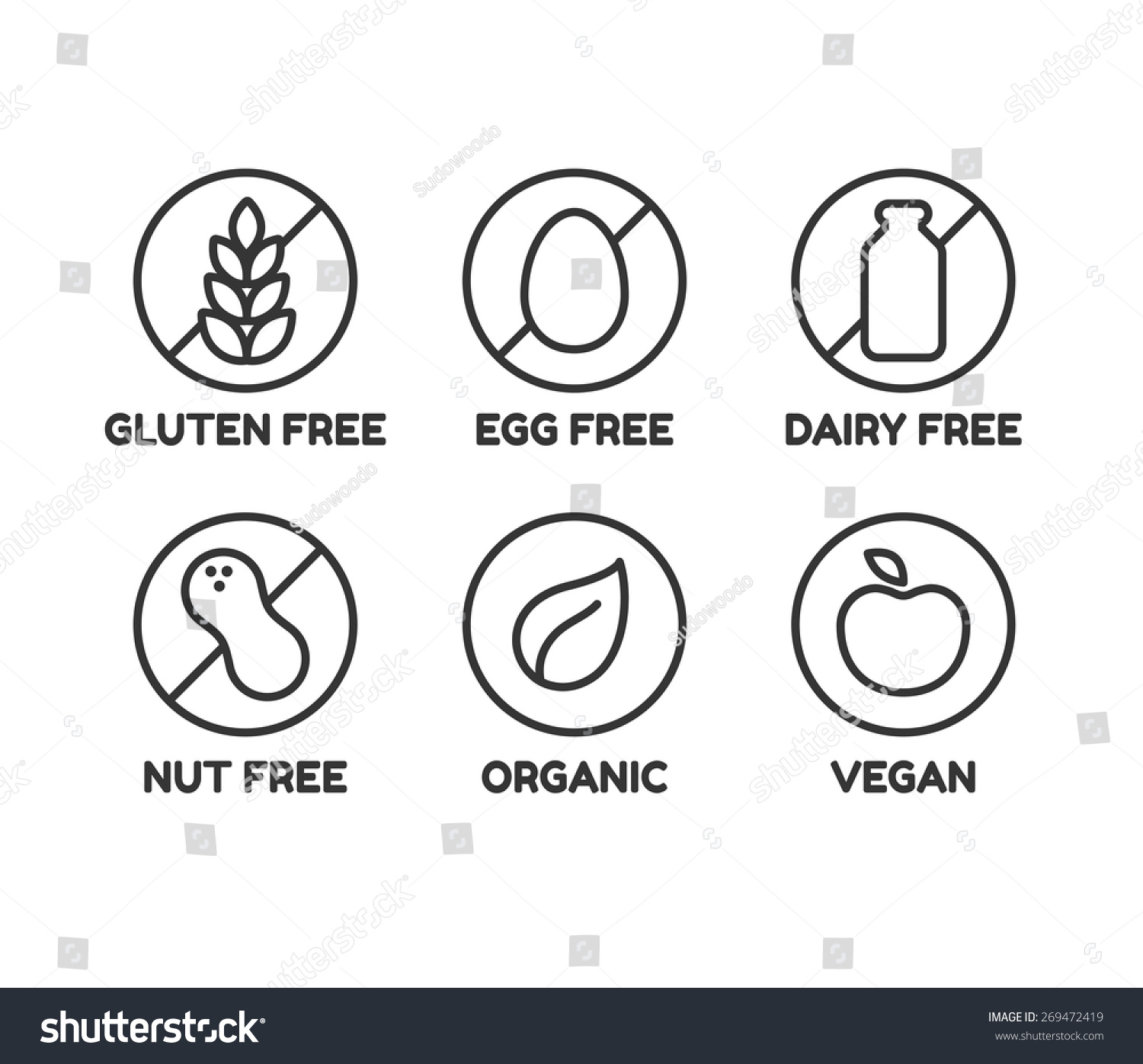 Set of icons illustrating absence of common food allergens (gluten, dairy, egg, nuts) plus vegan and organic signs. #269472419