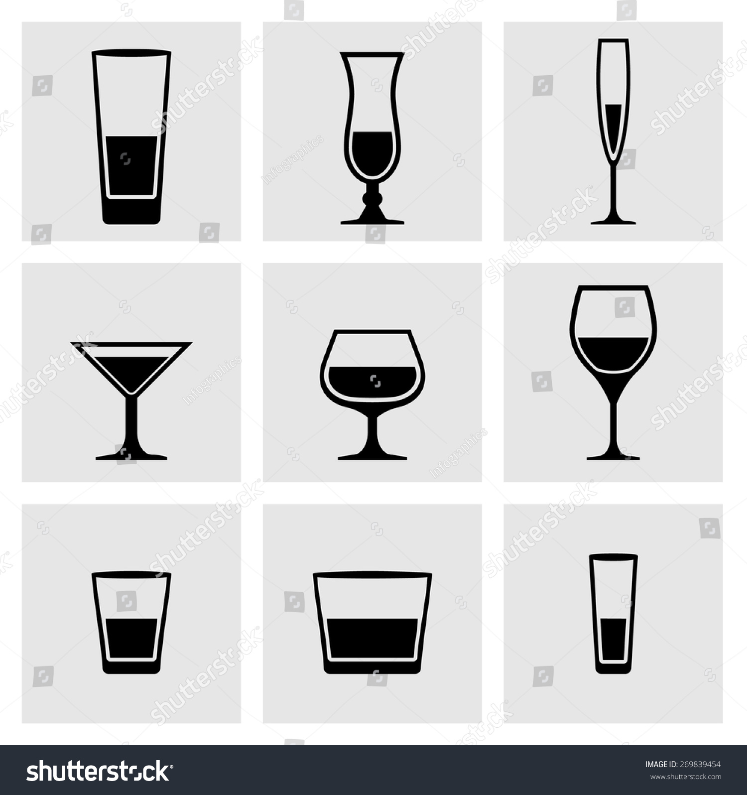 Types of glass, dishes. Set of black icons glass Royalty Free Stock