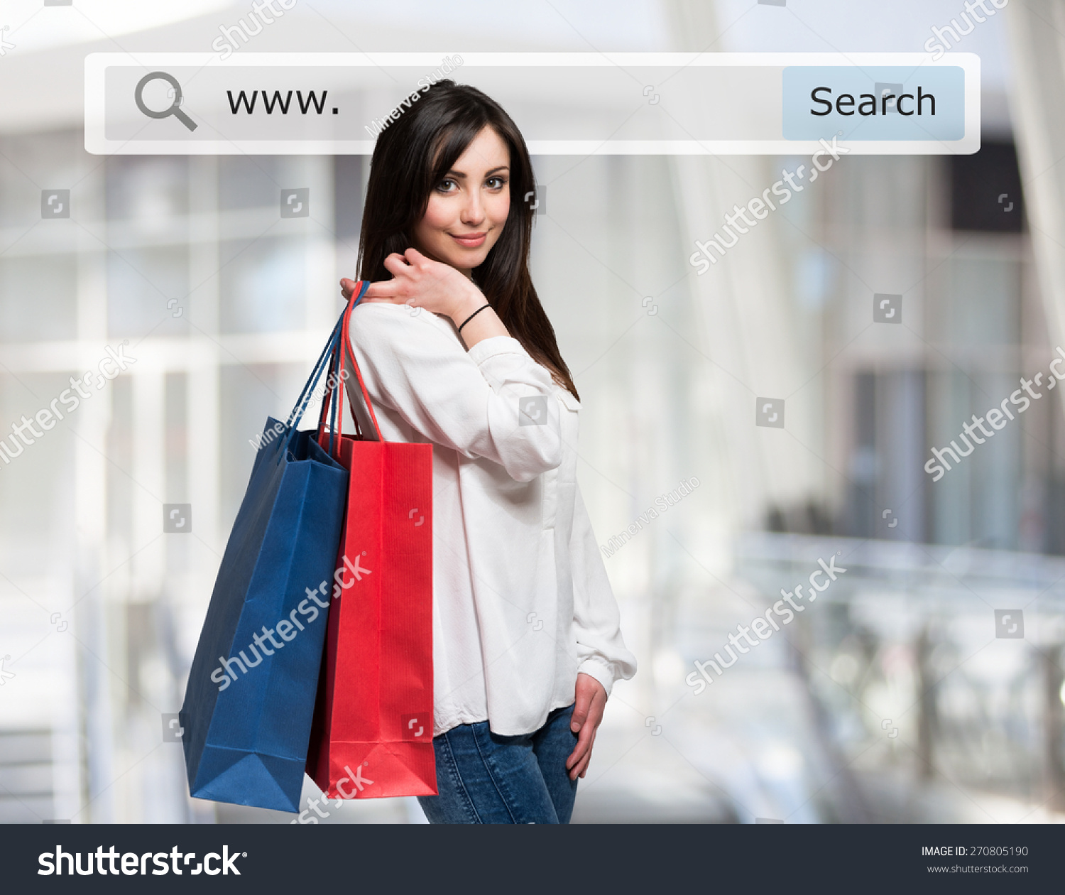 Young woman holding shopping bags in front of a search bar. Ecommerce concept #270805190
